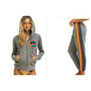 Aviator Nation Gray Zip Hoodie and sweatpants with Rainbow Stripe Details